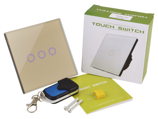 Dotykowy włącznik światła szklany potrójny złoty z pilotem