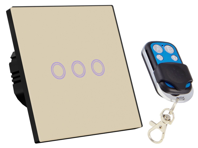 Dotykowy włącznik światła szklany potrójny złoty z pilotem