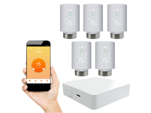 Kompletny zestaw Zigbee: 5x Głowica Termostatyczna + Gateway ZIGBEE + zasilanie